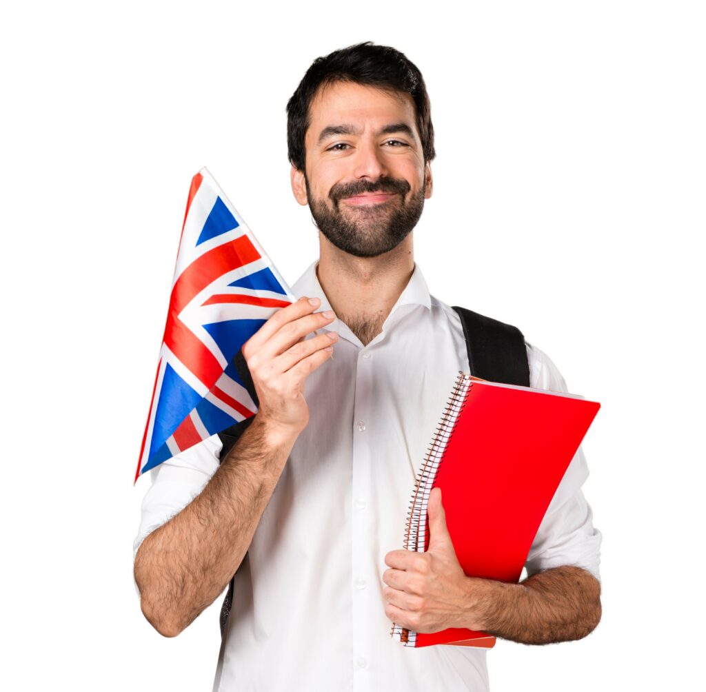 hombre con un libro rojo y una bandera de Inglaterra